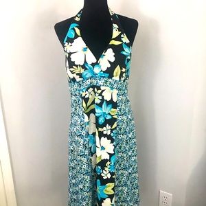 Blue & White Tropical Print Halter Dress by Sangria. Size 16